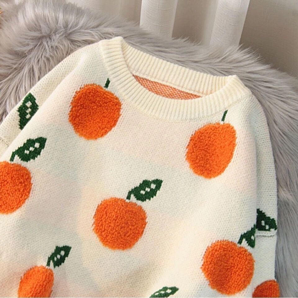 Orange Jacquard Casual Round Neck Sweater