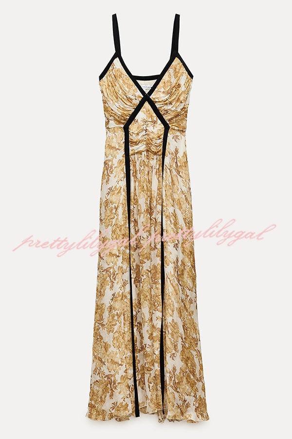 Violet Contrast Unique Print Pleated Backless Strappy Maxi Dress