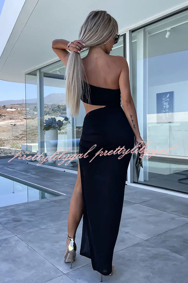 Little Mermaid One Shoulder Cutout Waist Ruched Stretch Maxi Dress