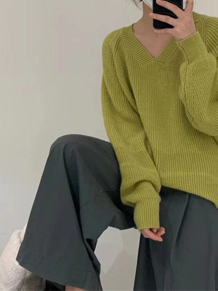 V-neck Soft Waxy Loose Gentle Knit Sweater