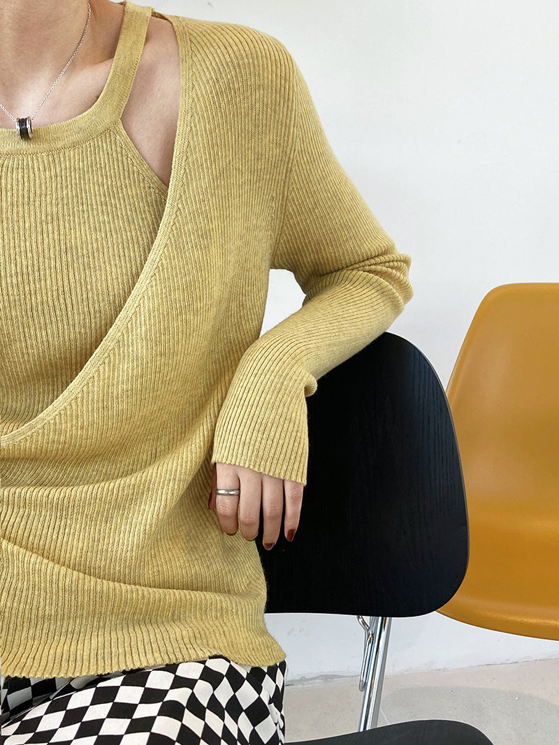 Two False Hollow Out Shoulder Sweater Female Design Sense Hanging Neck Top