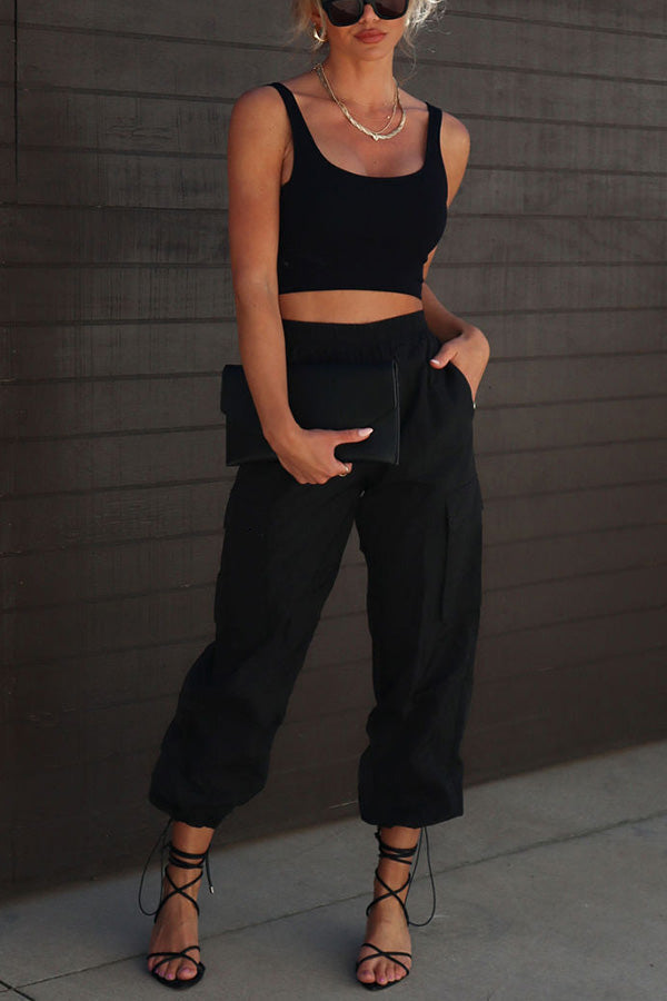 Let's Rewind Nylon Elastic Waist Pocketed Cargo Pants