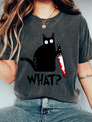 Black Cat with Bloody Knife Vintage Washed T Shirt