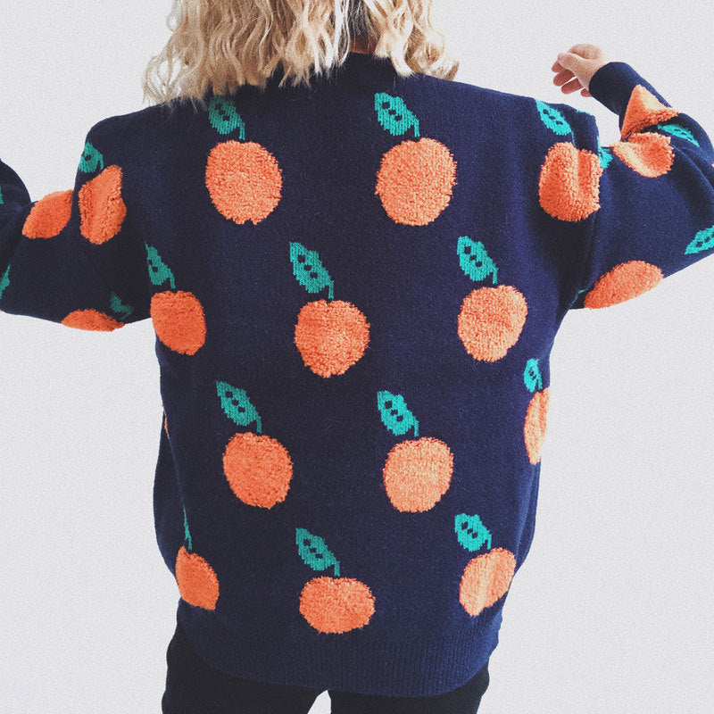 Orange Jacquard Casual Round Neck Sweater