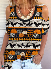 Halloween Vintage Stripe Hollow Shoulder T Shirt