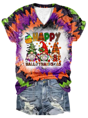 Happy Hallothanksmas Gnomes Tie Dye V Neck T-Shirt