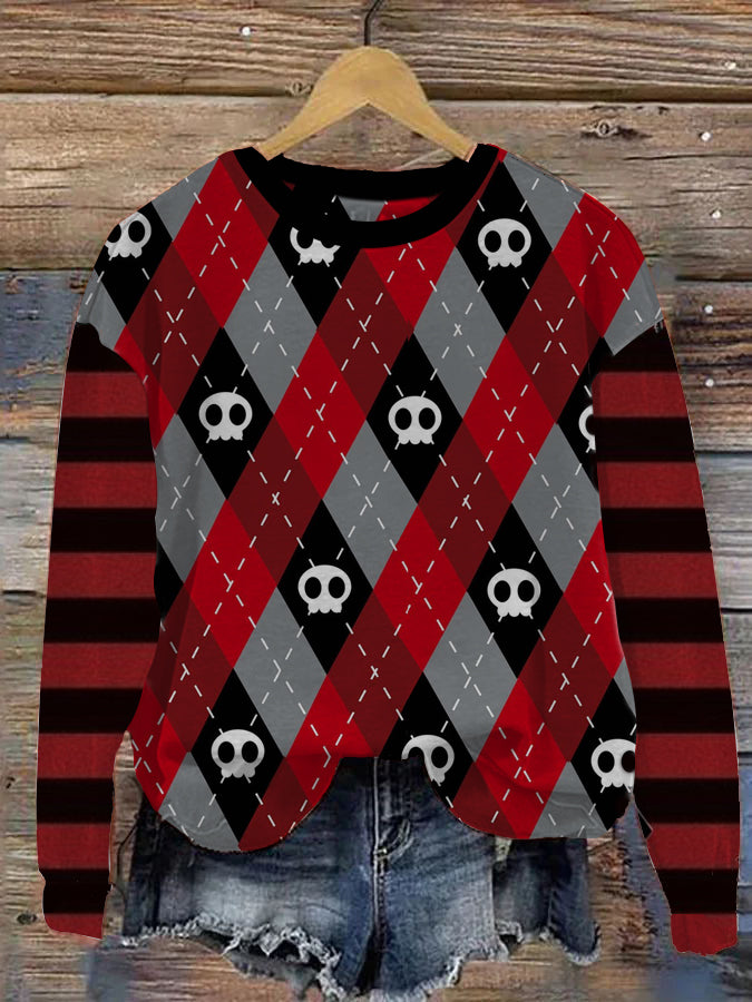 Halloween Scary Grimace Plaid Stripe Patchwork Print Sweatshirt