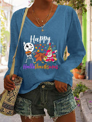 Skull Turkey Santa Print Long Sleeve T Shirt