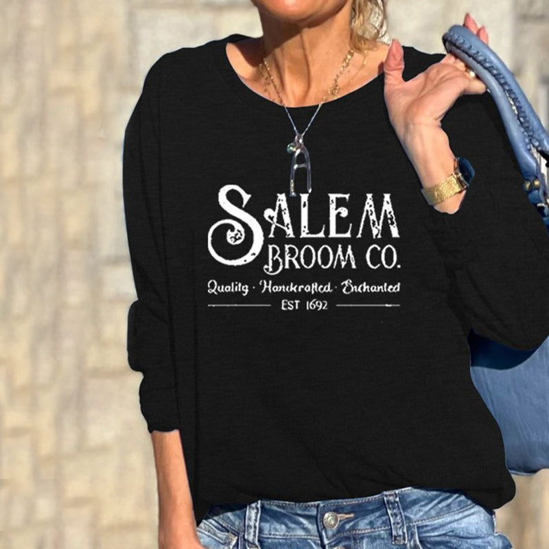 Halloween Salem Broom Co Print Crew Neck Long Sleeve Sweatshirt