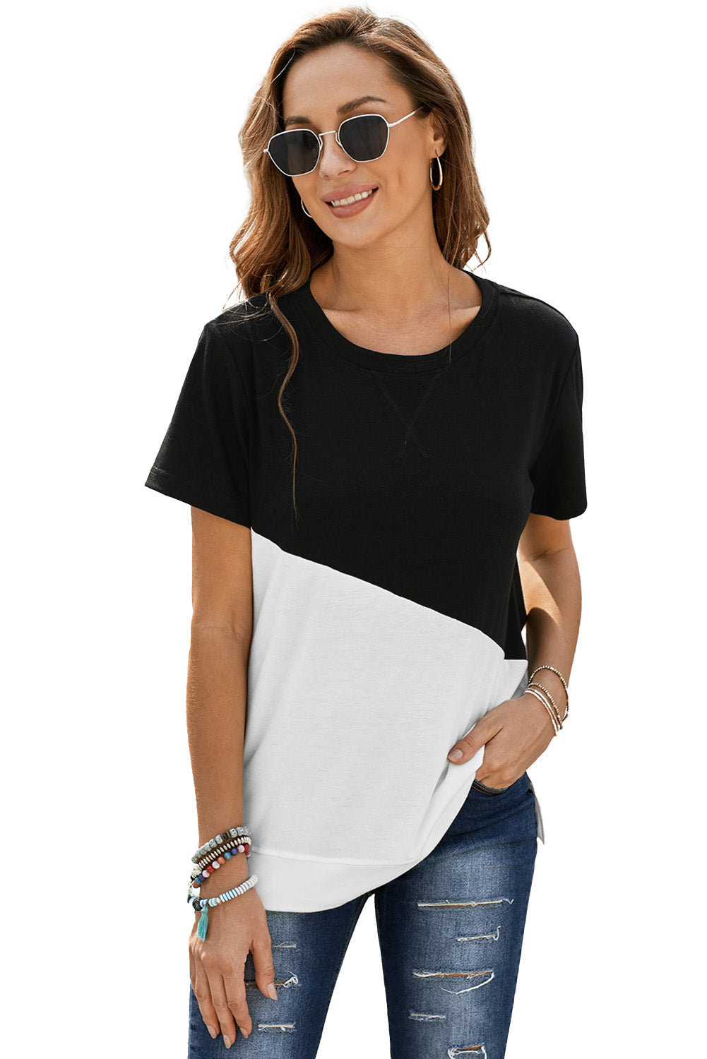Women's Black Crew Neck Colorblock Short Sleeve Tee
