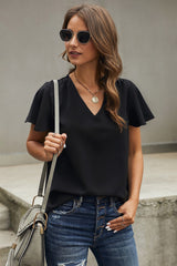 Women's Casual Black V Neck Short Sleeve Tee