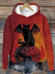 Halloween Waiting For The Witch Black Cat Pumpkin Print Casual Hoodie