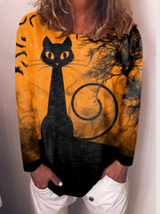 Cat Print Crew Neck Long Sleeve T-Shirt