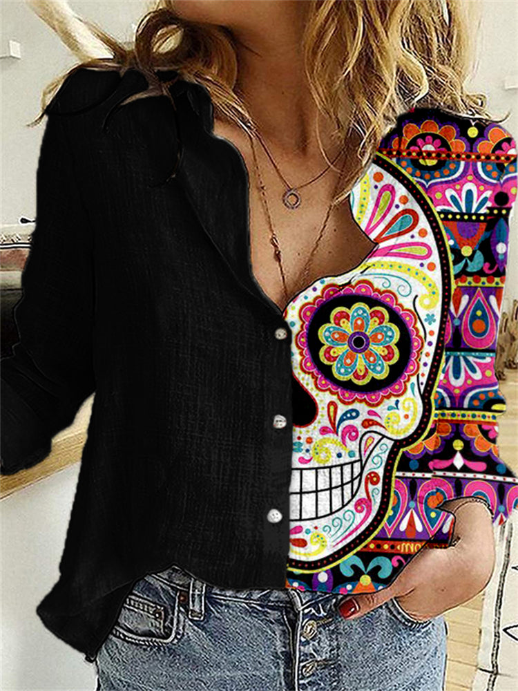 Fancy Sugar Skull Art Contrast Color Blouse