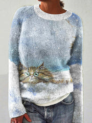 Playing In The Snow Cat Print Women's Sweater