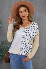 Women's Casual Apricot V Neck Tie-dye&Leopard Splice Waffle Knit Long Sleeve Top