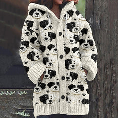 Dog Print Long Sleeve Knitted Hooded Cardigan