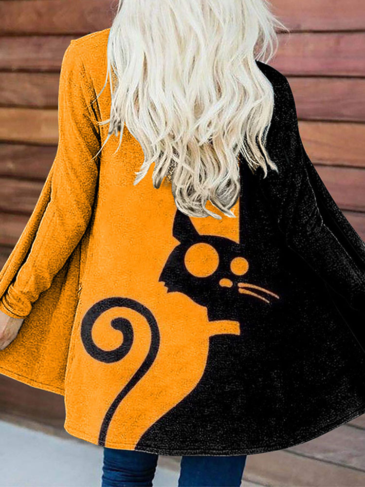 Colorblock Cat Print Long-Sleeve Cardigan
