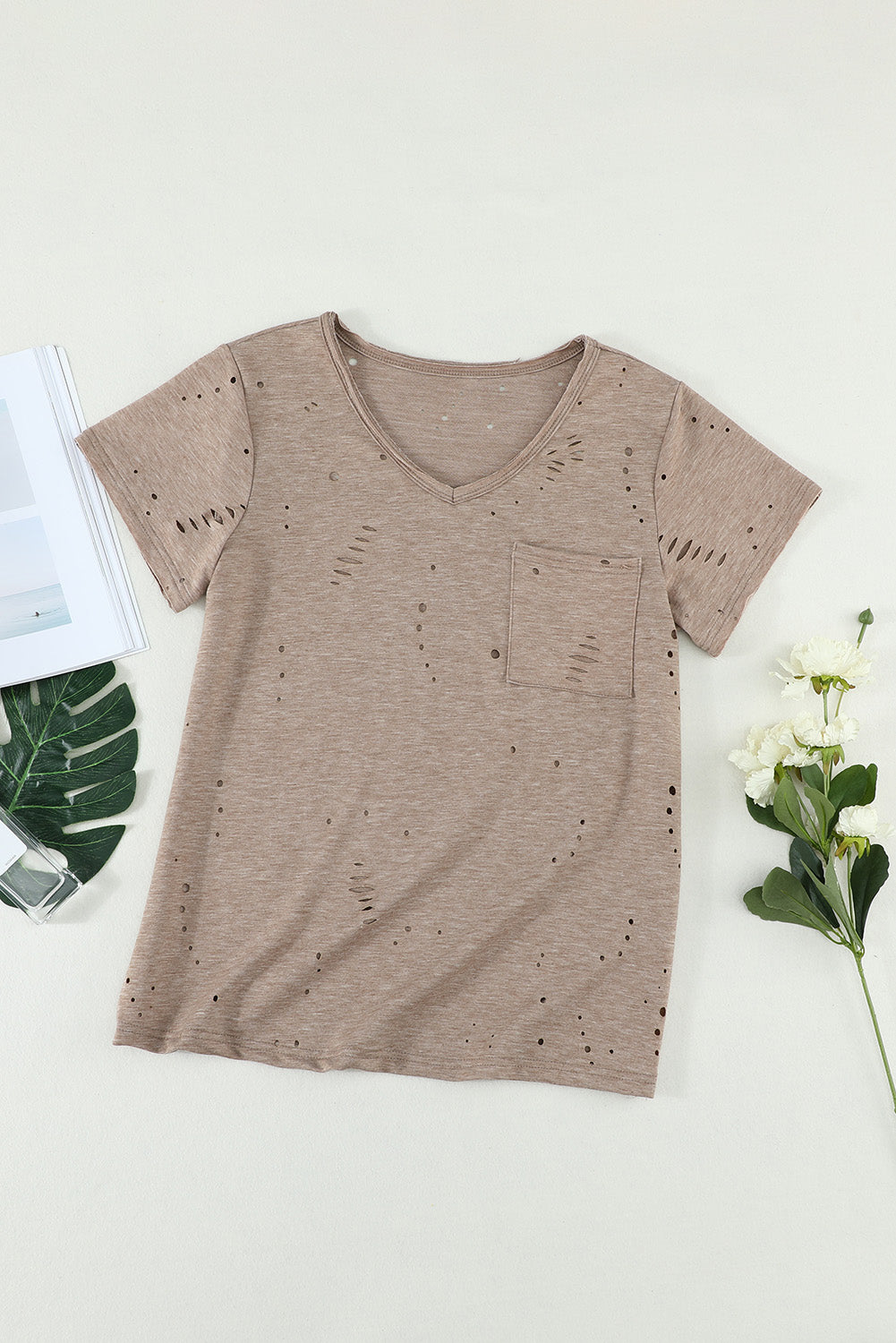 Women's Khaki Ripped Pocket Short Sleeve V Neck Casual Tee