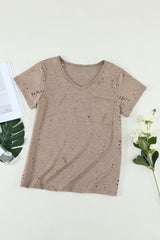 Women's Khaki Ripped Pocket Short Sleeve V Neck Casual Tee