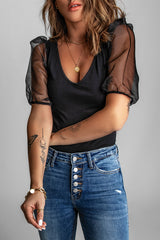 Women's Black V Neck Puff Sleeve Top