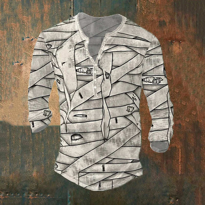 Men's Halloween Mummy Print Button Long-Sleeve T-Shirt