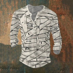 Men's Halloween Mummy Print Button Long-Sleeve T-Shirt