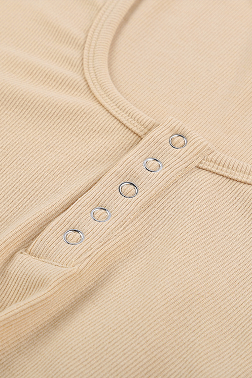 Women's Khaki U Neck Button Knit Long Sleeve Top