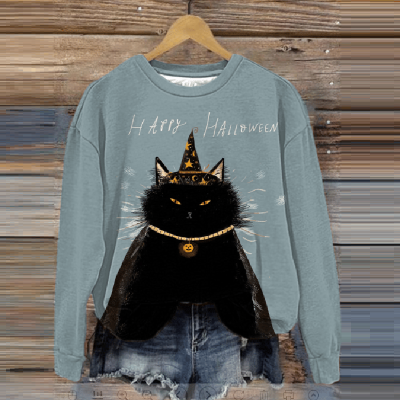 Women's Halloween Magic Black Cat Printed Sweatshirt