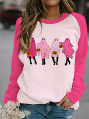 Halloween Pink Ghost Contrast Color Sweatshirt