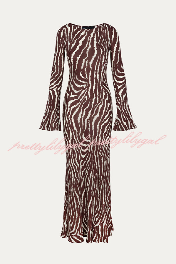 Gia Unique Print Boat Neck Long Bell Sleeve Bias Cut Maxi Dress