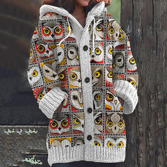 Block Owl Print Women's Cardigan Sweater