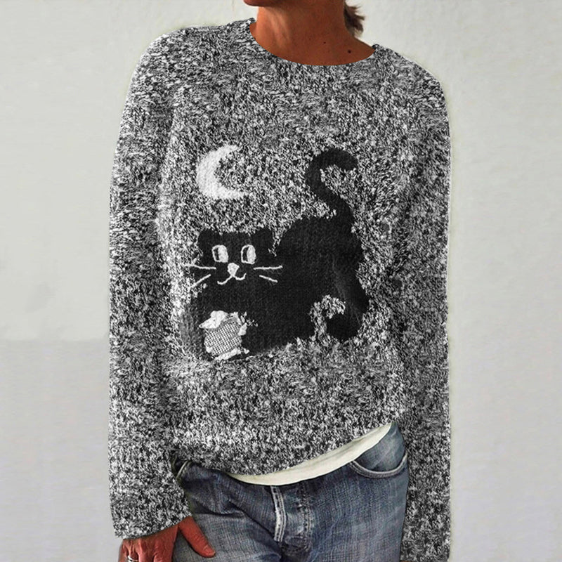 Abstract Creative Black Cat Under The Moonlight Painting Art Print Knitted Pullover Sweater