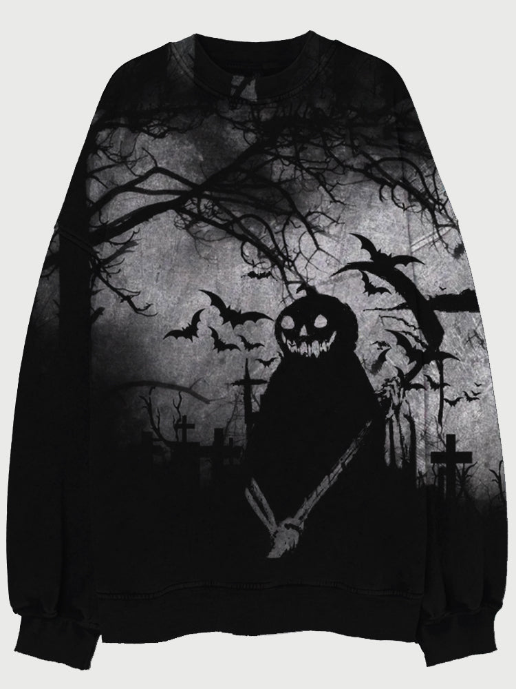 Vintage Halloween Pumpkin Ghost Art Washed Sweatshirt