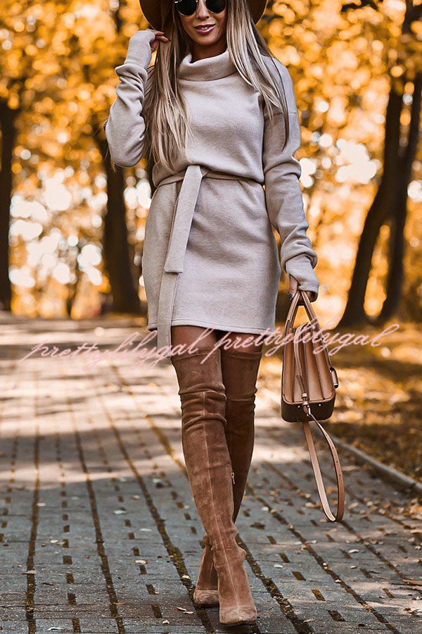 Let's Stay In Soft Belted Turtleneck Dress