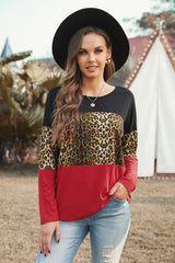 Women's Burgundy Black Colorblock Leopard Patchwork Long Sleeve Top
