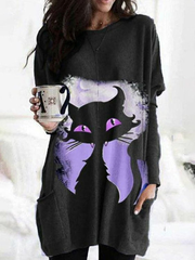 Cat Print Crew Neck Casual Tunic