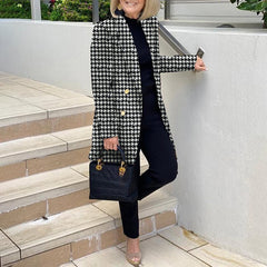 Casual Mid Length Houndstooth Print Suit Collar Woolen Coat