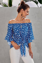Women's Sky Blue Polka Dot 3/4 Bell Sleeve Front Tie Knot Off Shoulder Top