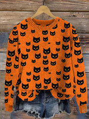 Halloween Cat Print Knitted Pullover Sweater