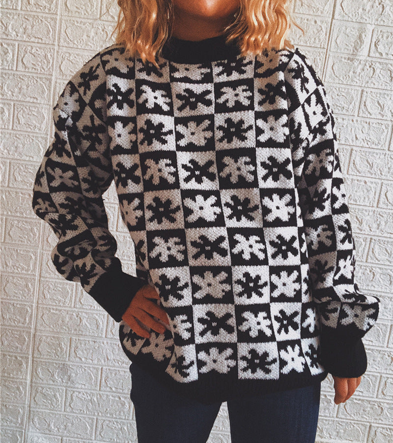Casual Floral Plaid Round Collar Long Sleeve Loose Knit Sweater