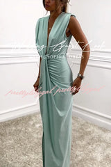Classic and Sexy Dates V-neck Ruched Drape Slit Midi Dress