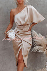 Glam Expectations One Shoulder Satin Drape Dress