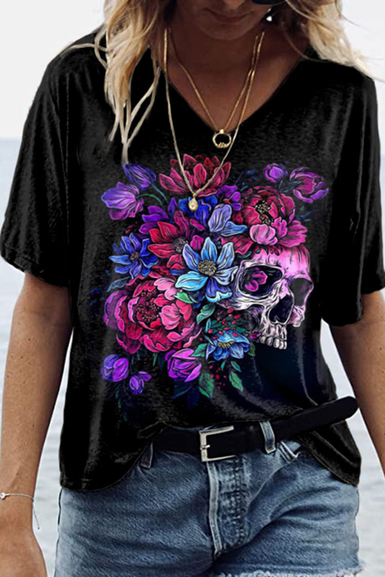 Gradient Floral Skull Print Short Sleeve T-Shirt