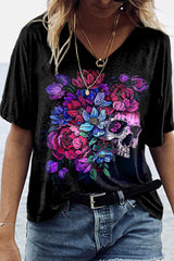 Gradient Floral Skull Print Short Sleeve T-Shirt