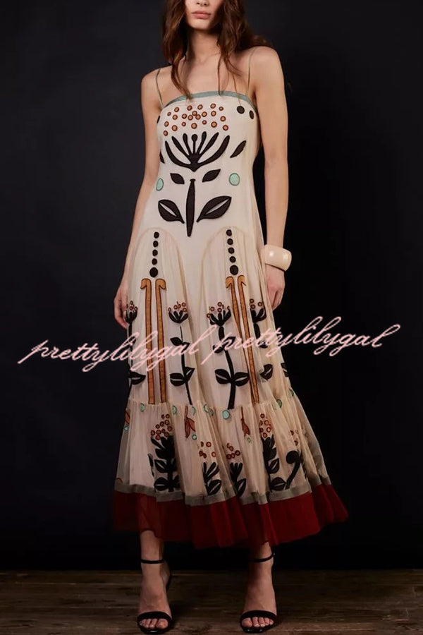 Botanical Print Chiffon Sling Backless Resort Maxi Dress