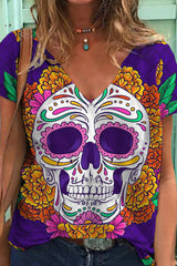 Marigold Skull Print V-Neck T-Shirt