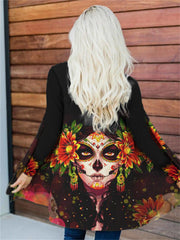 Day of the Dead Flower Skull Print Casual Cardigan