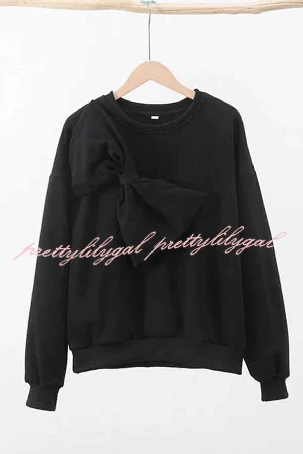 Solid Color Round Neck Long Sleeve Bow Loose Sweatshirts