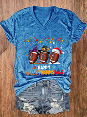 Halloween Christmas Rugby Print V Neck T Shirt